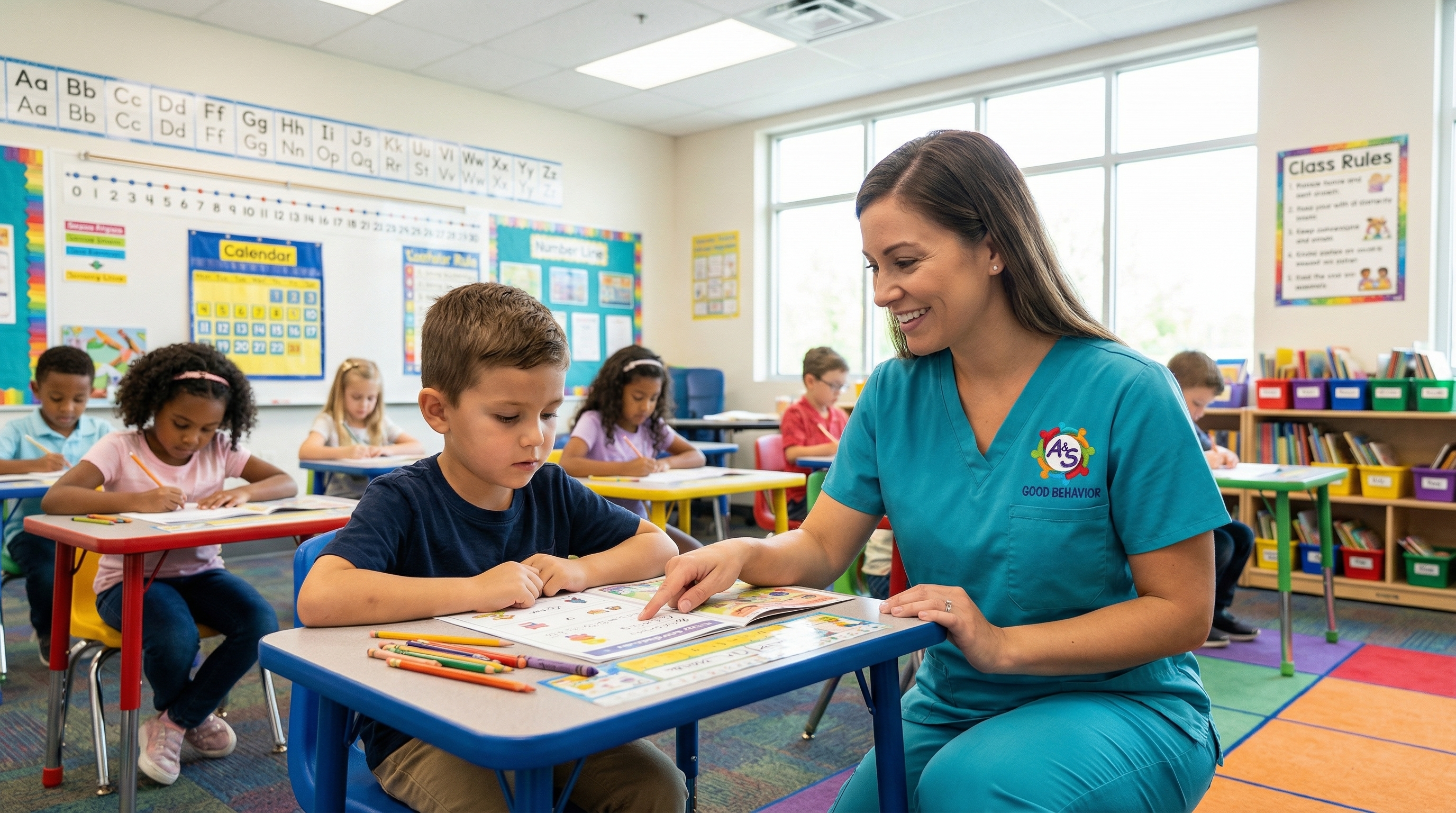 Therapist helping a child in classroom